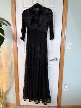 Unique Vintage Black Lace Bow-Tie Maxi Dress